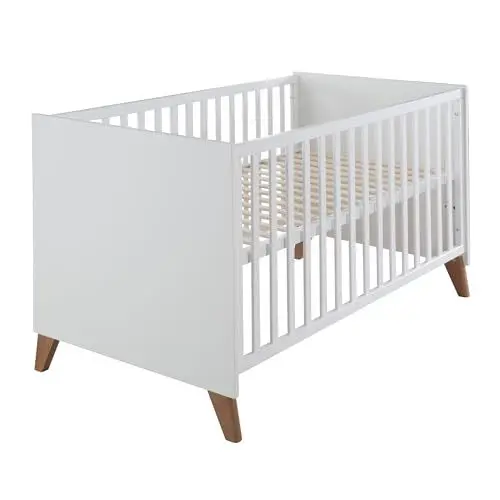 Produktbild: roba Babybett Ole 70 x 140 cm - Mitwachsendes Gitterbett mit Füßen aus Massivholz - Höhenverstellbar - Umbaubar zum Juniorbett - Holz weiß lackiert