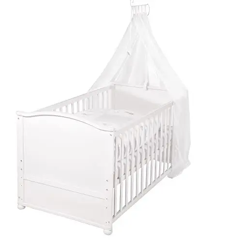 Produktbild: roba Babybett Set Fox & Bunny - 70 x 140 cm - Mitwachsendes Kinderbett mit Bettwäsche, Himmel, Matratze - Höhenverstellbar - zu Juniorbett umbaubar - Holz weiß