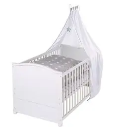 Produktbild: roba Babybett Set Little Stars - 70 x 140 cm - Kinderbett mitwachsend / umbaubar + komplette Textilien im Sterne Design - Höhenverstellbar - Holz weiß
