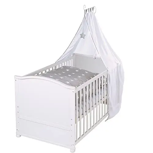 Produktbild: roba Babybett Set Little Stars - 70 x 140 cm - Kinderbett mitwachsend / umbaubar + komplette Textilien im Sterne Design - Höhenverstellbar - Holz weiß
