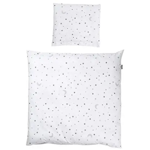 Produktbild: roba Babybettwäsche 80 x 80 cm - Sternenzauber grau - Wiegenbettwäsche Baby Set 2 teilig - Decken & Kissenbezug mit Stern Motiv für Mädchen & Jungen - Baumwolle - Weiß