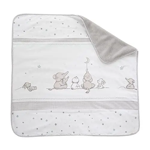 Produktbild: roba Babydecke Sternenzauber - 80 x 80 cm - Baby Kuscheldecke mit Sternen & Elefanten Motiv - Kinderdecke aus weicher Baumwolle - Weiß / Hellgrau