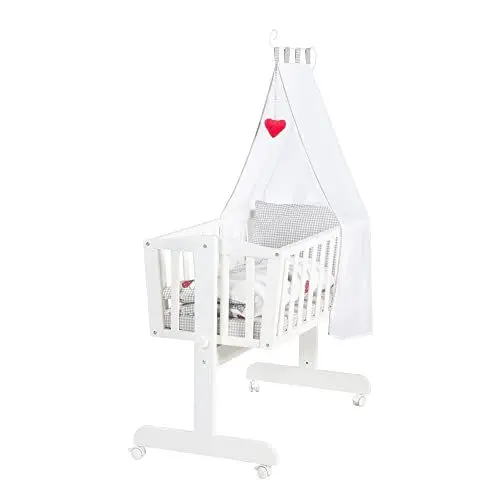 Produktbild: roba Babywiege 40 x 90 cm Adam & Eule - Stubenwagen & Wiege mit Rollen - Bett Set komplett mit Feststellfunktion - Inkl. textiler Ausstattung - Holz weiß