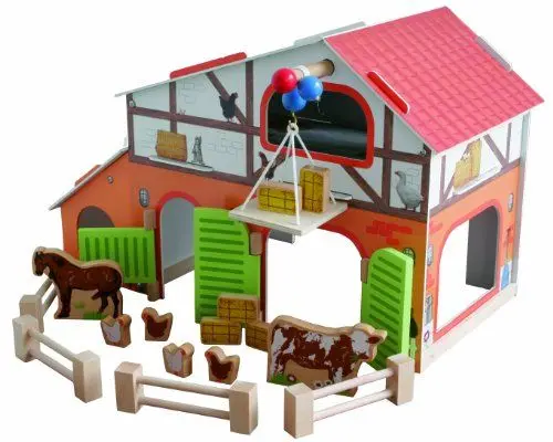 Produktbild: roba Bauernhof 'Farm', bedrucktes Holzspielzeug, Set mit Scheune, Stall, Heuboden, Zaun & 6 Bauernhoftieren, steckbar