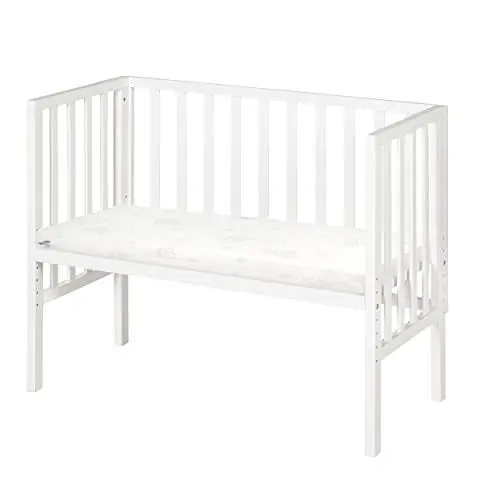 Produktbild: roba Beistellbett safe asleep® 2 in 1-45 x 90 cm - Höhenverstellbar - Komplettes Anstellbett mit Matratze + Mesh Barriere - Bett Set für Babys - Holz weiß
