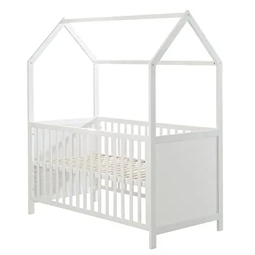 Produktbild: roba Hausbett 70 x 140 cm - FSC zertifiziert - Babybett in Hausoptik - Höhenverstellbar - Umbaubar zum Juniorbett - Holz weiß