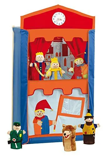 Produktbild: roba Kasperletheater, Puppentheater inkl. 6 Handpuppen, Kaspertheater aus Massivholz, freistehend mit Stoffbespannung