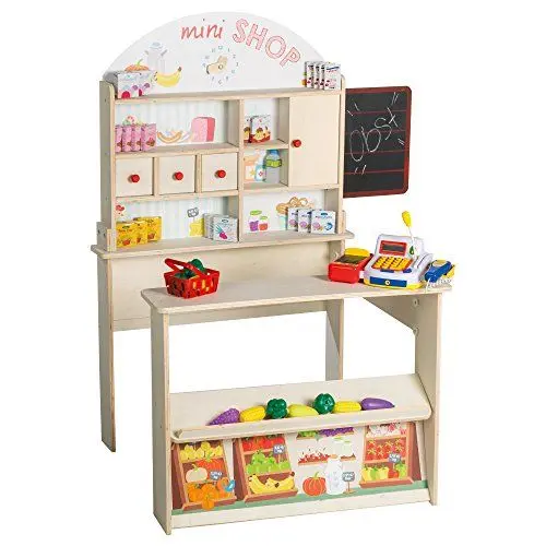 Produktbild: roba Kaufladen Minishop, inklusiv Zubehör, Kasse, Holz natur, Theke, Tafel, Schiebetür und Bedruckung, Natur und Weiß