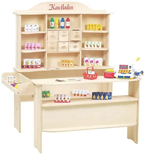 Produktbild: roba Kaufladen, großer Kinder Kaufmannsladen, inkl. Kaufladenzubehör, Holz natur, Verkaufsstand 6 Schubladen, Theke & Seitentheke