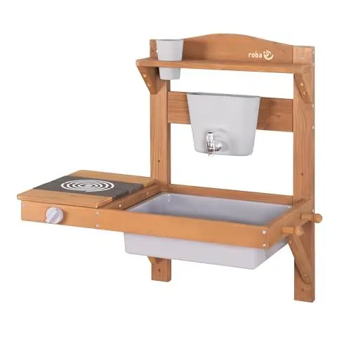 Produktbild: roba Kinder Matschküche zum Hängen - Funktionelle Outdoor Spielküche mit Wasserspender & Zubehör - Wetterfestes Holz - Teakfarben lasiert
