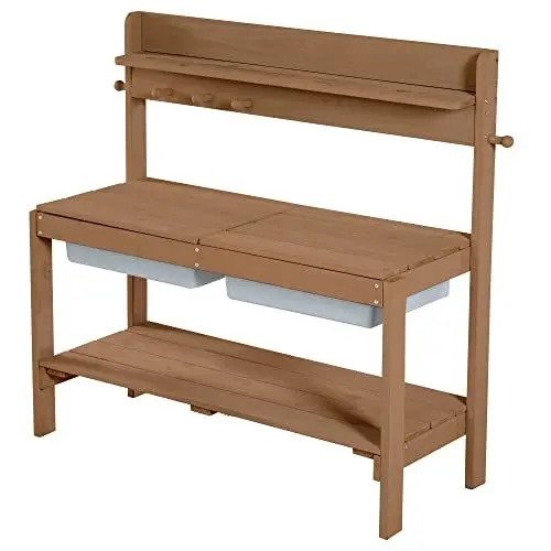 Produktbild: roba Kinder Outdoor Gartenküche Fun - Holz Matschküche mit Abnehmbarer Abdeckung - 2 Kunststoff-Wannen & Ablage - Wetterfester Arbeitstisch/Spielküche für draußen - Teak, 1 Stück (1er Pack)