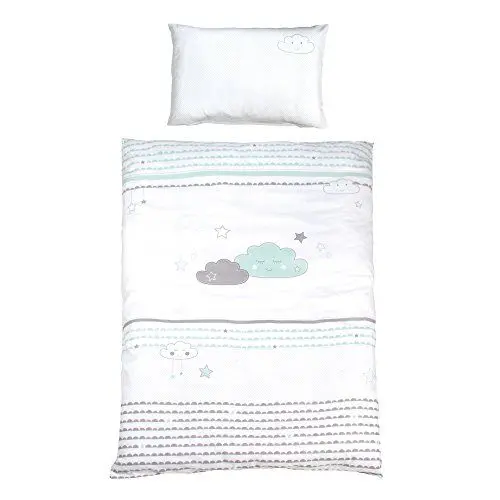 Produktbild: roba Kinderbettwäsche 100 x 135 cm - Happy Cloud - Bettwäsche Set für Mädchen & Jungen - 2-teilig inkl. Decken & Kissenbezug aus Baumwolle - Wolken Motiv - Mint / Weiß