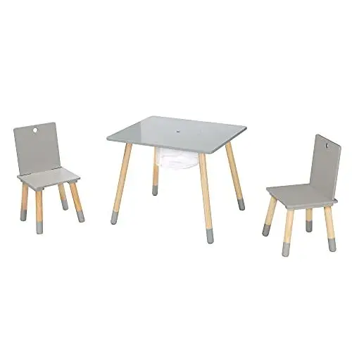 Produktbild: roba Kindersitzgruppe aus Holz mit Stauraum - Kindermöbel Set aus 2 Kinderstühlen & 1 Tisch - Kindertisch Set inkl. Aufbewahrungsnetz - Grau / Natur