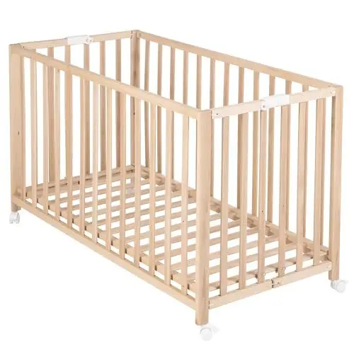 Produktbild: roba Klappbett Fold Up 60 x 120 - Klappbares Babybett aus Holz - 2-fach höhenverstellbar - Platzsparendes Gitterbett auf Rollen - Bio Buche natur