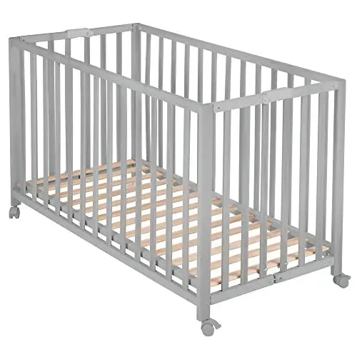 Produktbild: roba Klappbett Fold Up 60 x 120 - Klappbares Babybett aus Holz - 2-fach höhenverstellbar - Platzsparendes Gitterbett auf Rollen - Taupe