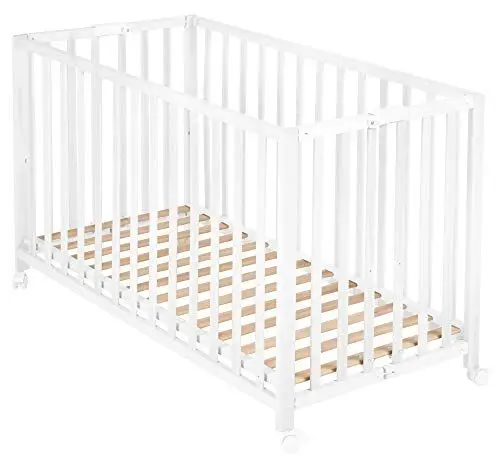 Produktbild: roba Klappbett Fold Up 60 x 120 - Klappbares Babybett aus Holz - 2-fach höhenverstellbar - Platzsparendes Gitterbett auf Rollen - Weiß