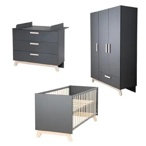 Produktbild: roba Komplettkinderzimmer ' Jara' Anthrazit, inkl. Kombi-Bett, Wickelkommode & 3-türigem Schrank, mit Füßen und Griffen aus Buche Echtholz