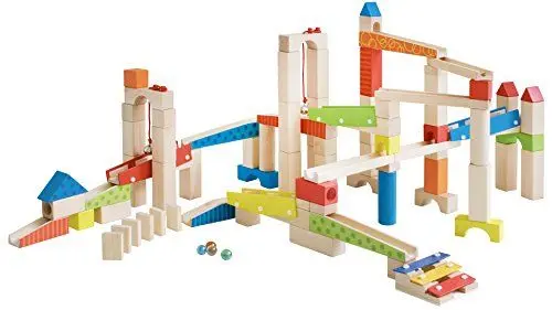 Produktbild: roba Kugelbahn 100 teilig - Holzkugelbahn groß - Murmelbahn inkl. Bausteine mit Geräuscheffekten und Glasmurmeln - Motorikspielzeug variabel aufbaubar - Holz bunt