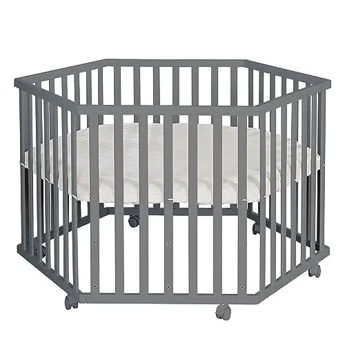 Produktbild: roba Laufgitter 6-eckig aus Holz anthrazit - Laufstall für Babys mobil mit Rollen & Schutzeinlage Greyish gesteppt aus veganem Leder - Schutzgitter höhenverstellbar