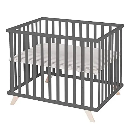 Produktbild: roba Laufgitter 75 x 100 cm - Baby Laufstall inkl. Einlage Lil Planet grau - GOTS und Oeko-Tex 100 zertifiziert - 3-fach höhenverstellbar - Holz anthrazit