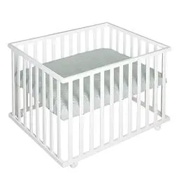Produktbild: roba Laufgitter 75 x 100 cm - Baby Spielgitter inkl. grauer Einlage roba Style frosty green - 3-fach höhenverstellbar - Mobiler Laufstall mit Rollen - Holz weiß