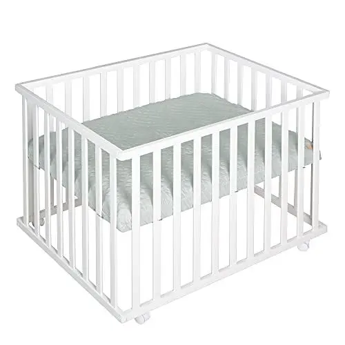 Produktbild: roba Laufgitter 75 x 100 cm - Baby Spielgitter inkl. grauer Einlage roba Style frosty green - 3-fach höhenverstellbar - Mobiler Laufstall mit Rollen - Holz weiß