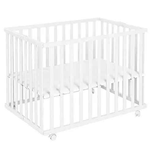 Produktbild: roba Laufgitter klappbar 75 x 100 cm - Platzsparender und faltbarer Baby Laufstall - Mobiles Krabbelgitter inkl. Rollen - 2-fach höhenverstellbar - Holz weiß