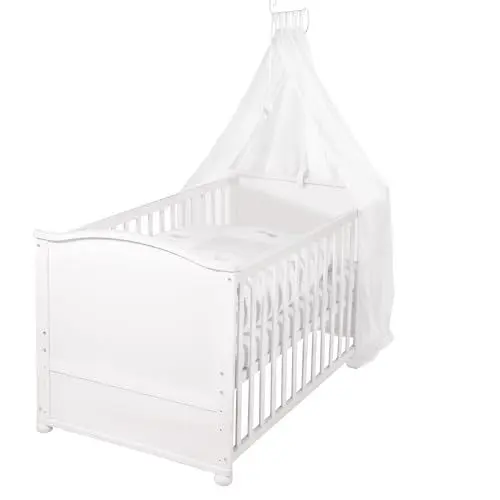 Produktbild: roba Mitwachsendes Babybett 70 x 140 aus Holz inkl. textile Ausstattung 'Fox & Bunny' - Set komplett mit Matratze, Bettwäsche & Himmel - Höhenverstellbares Kinderbett - Weiß/Beige