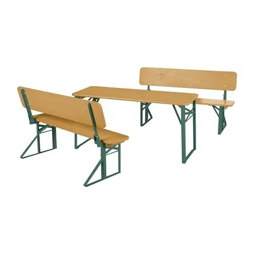 Produktbild: roba Outdoor Party-Garnitur für Kinder - Kindersitzgruppe mit Lehne aus FSC zertifiziertem Holz - 2 Bänke + 1 Tisch - Klappbare Sitzmöbel ab 24 Monaten - Natur/Grün