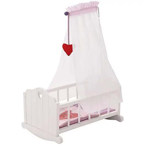 Produktbild: roba Puppenwiege aus Puppenmöbel Serie „Fienchen“, Puppenbett zum Wiegen inkl. textiler Ausstattung, Bettwäsche und Himmel, Puppenzubehör, weiß lackiert