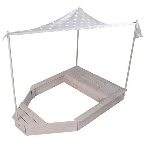 Produktbild: roba Sandkasten in Schiff Form - Kinder Sandkiste aus wetterfestem Massivholz - inkl. Sonnendach & Spielwanne - Holz grau lasiert