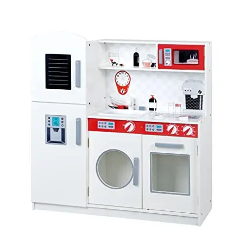 Produktbild: roba Spielküche, Kinderküche, weiß, rot, Kühlschrank, Tafel, Herd, Mikrowelle, Spüle, Wasserhahn