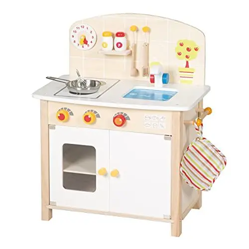 Produktbild: roba Spielküche, weiß, natur, Spielzeug-Küchenzeile mit 2 Kochstellen, Spüle, Wasserhahn & Zubehör