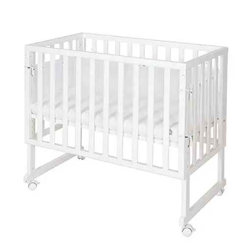 Produktbild: roba Stuben- und Beistellbett safe asleep® 3 in 1-45 x 90 cm - Höhenverstellbar - Komplettes Anstellbett mit Matratze + Canvas Barriere - Mesh Umrandung - Bett Set für Babys - Holz weiß