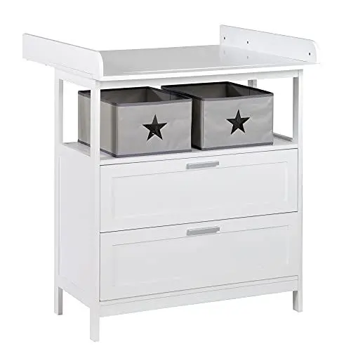Produktbild: roba Wickelkommode Hamburg mit abnehmbarem Aufsatz - Wickeltisch mit 2 Schubladen + 2 Boxen + Wandbefestigung - Babykommode mit Wickelhöhe 92 cm - Holz weiß