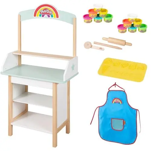 Produktbild: roba x Play-Doh Eisstand - Spielset aus FSC-zertifiziertem Holz mit 12 Knetdosen, Holzwerkzeug, Schürze & 3D-Matte - Kreativer Verkaufsstand ab 3 Jahren