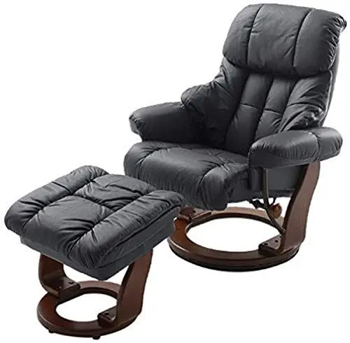 Produktbild: Robas Lund Relaxsessel Calgary mit Hocker, bis 130 kg belastbar, drehbarer Fernsehsessel mit Liegefunktion, Echtleder schwarz, Gestell Holz walnuss