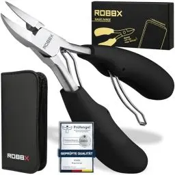 Produktbild: ROBBX® Profi Nagelzange für starke Fußnägel und Fingernägel | Weicher Griff | Inklusive stabilem Lederetui | Nagelschere für dicke Nägel