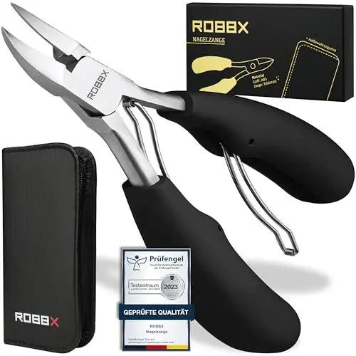 Produktbild: ROBBX® Profi Nagelzange für starke Fußnägel und Fingernägel | Weicher Griff | Inklusive stabilem Lederetui | Nagelschere für dicke Nägel
