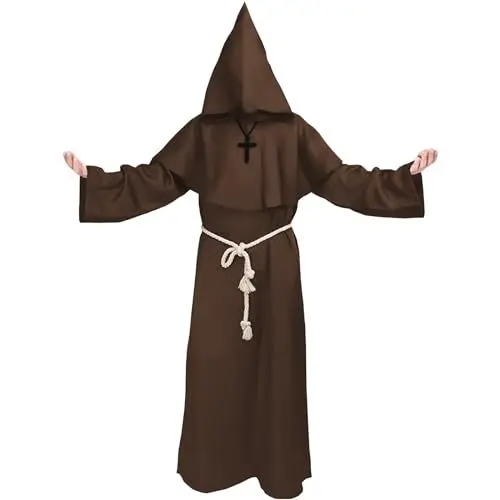 Produktbild: Robe Mönch Kostüm Herren Braun mit Kapuze und Kreuz, Mönchskutte Braun, Nonnen Priester Kostüm Herren, Kostüm Mittelalter Herren Robe, Pfarrer Kostüm Herren, Karneval Kostüm Herren für Halloween