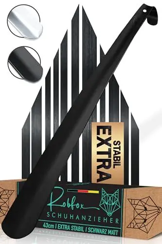 Produktbild: Robfox Metall Schuhlöffel Schwarz I 43cm LANG & EXTRA STABIL I Langer Schuhanzieher aus Edelstahl I kompakte Schuh Anziehhilfe I Schuhauszieher kurz - shoe horn I Edel mit Verpackung (schwarz-matt)