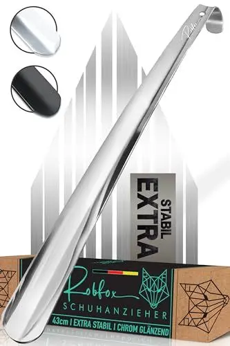 Produktbild: Robfox Metall Schuhlöffel Silber I 43cm LANG & EXTRA STABIL I Langer Schuhanzieher aus Edelstahl I kompakte Schuh Anziehhilfe I Schuhauszieher kurz - shoe horn I Edel mit Verpackung (Silber-Chrom)