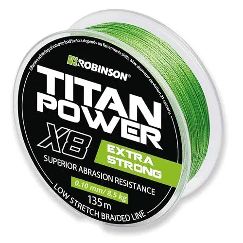 Produktbild: Robinson Geflochtene Angelschnur X8 - Angelschnur geflochten, 0,08-0,28mm, 7,5-39kg, 135m, ideal zum Spinnfischen - Titan Power (GRÜN, 135m - 0,10mm - 8,5kg)