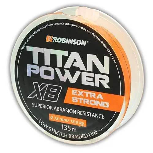 Produktbild: Robinson Geflochtene Angelschnur X8 - Angelschnur geflochten, 0,08-0,28mm, 7,5-39kg, 135m, ideal zum Spinnfischen - Titan Power (ORANGE, 135m - 0,12mm - 13kg)