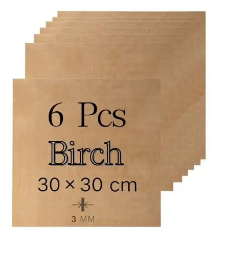 Produktbild: ROBOTIME Sperrholzplatte 3mm Birke Holzplatte Zuschnitt Nach Maß,Multiplex Platte Holz Laser Leimholzplatte Laserschnitt, CNC Router, Durchbrochenes 30CM*30CM 6 Stück