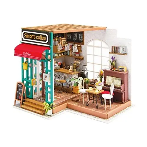 Produktbild: Robotime DG109 Rolife Simon's Cafe Miniatur-Puppenhaus aus Schichtholz und Kunststoff, Maße: 23 x 19 x 19 cm, 203 Teile