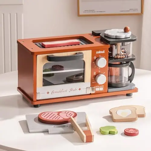 Produktbild: ROBUD Spielküche Zubehör, Holz Frühstücksautomat Kinder Küche Set mit Kaffeemaschine, Backofen, Grillplatte, Spielzeug Lebensmittel – Realistisches Spielküchen für Kinder ab 3 Jahren (Karamell)
