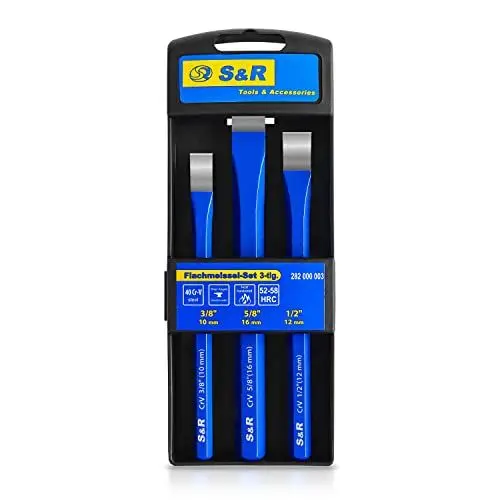 Produktbild: Robustes S&R-Meißel-Set aus Ch-V-Stahl: Hand-, Flach- und Steinmeißel für Metallbearbeitung, Holz, Stein, Beton und mehr – Hitzegehärtet für präzises Arbeiten an Muttern, Bolzen und Nieten