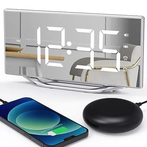 Produktbild: ROCAM Lauter Wecker für Tiefschläfer, Vibrationswecker für Schwerhörige, 8.7'' Display Tischuhr Digitaler Wecker, USB Ladegeräte, 12/24H, Doppelalarm, Snooze, Dimmer, Batterie Backup