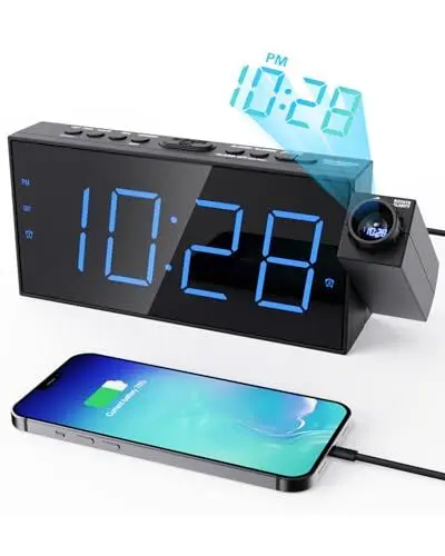 Produktbild: ROCAM Wecker mit Projektion, Projektionswecker mit USB Ladegerät, Batterie-Backup, 350°Projektor & Dimmer, Großer LED-Anzeige,12/24H, DST, Snooze, Digital Uhr für Kinder